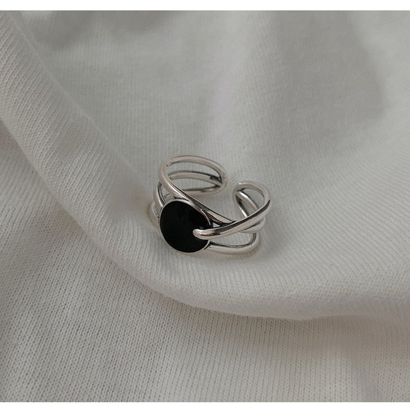 Bague  "Ellipse Pierre noire" - Argent massif
