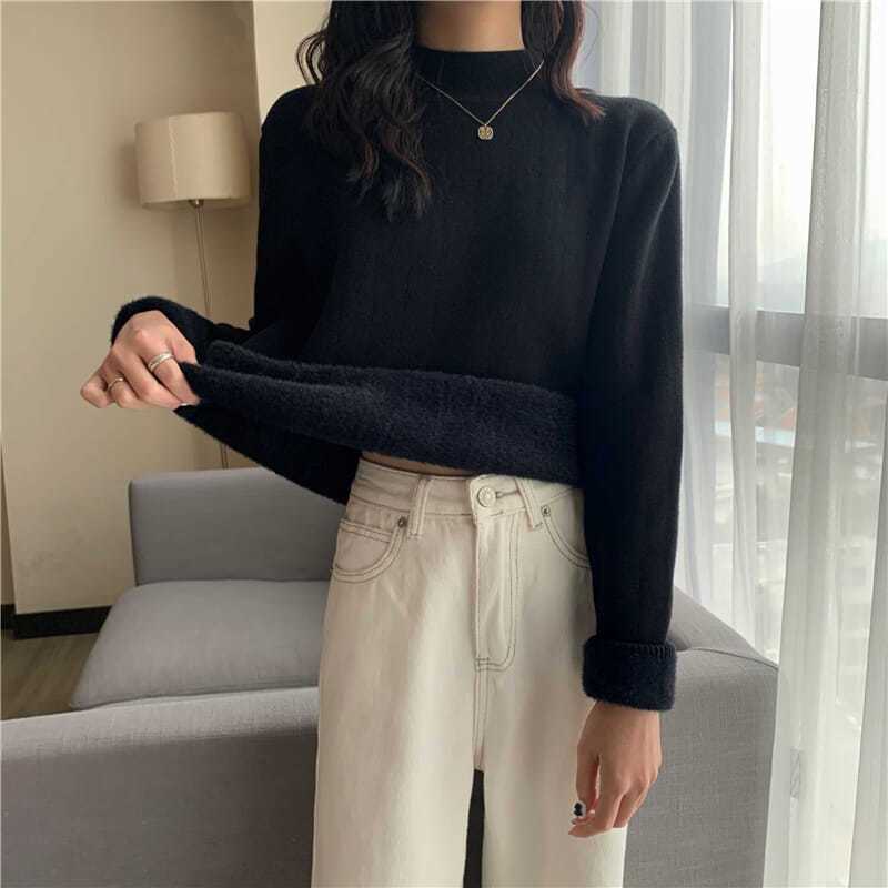 Knitwear Women&#39;s Fleece Half Turtleneck Long Sleeve Bottoming Shirt Autumn Winter Thicken Solid Tight Sweater Y2k Drop Shipping
