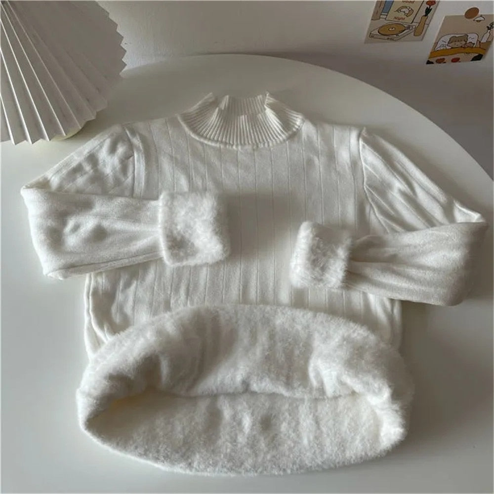 Knitwear Women&#39;s Fleece Half Turtleneck Long Sleeve Bottoming Shirt Autumn Winter Thicken Solid Tight Sweater Y2k Drop Shipping