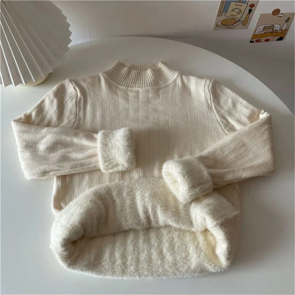 Knitwear Women&#39;s Fleece Half Turtleneck Long Sleeve Bottoming Shirt Autumn Winter Thicken Solid Tight Sweater Y2k Drop Shipping