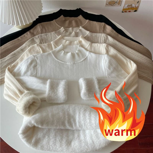 Knitwear Women&#39;s Fleece Half Turtleneck Long Sleeve Bottoming Shirt Autumn Winter Thicken Solid Tight Sweater Y2k Drop Shipping