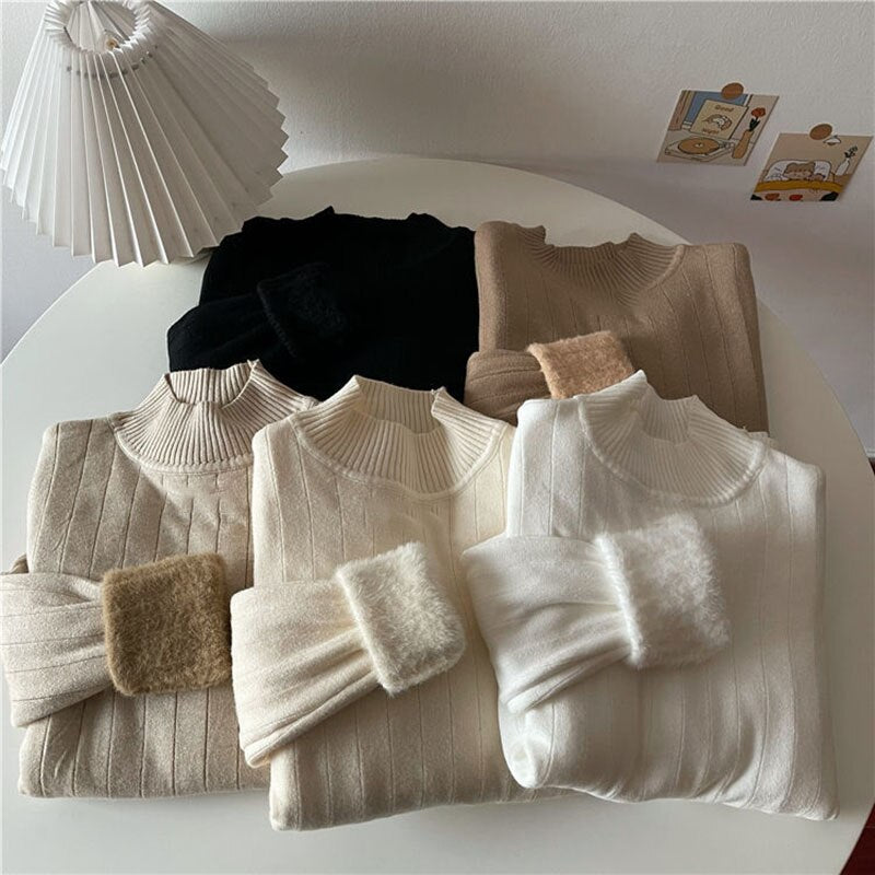 Knitwear Women&#39;s Fleece Half Turtleneck Long Sleeve Bottoming Shirt Autumn Winter Thicken Solid Tight Sweater Y2k Drop Shipping