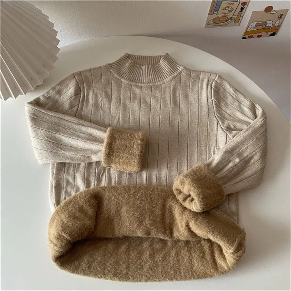 Knitwear Women&#39;s Fleece Half Turtleneck Long Sleeve Bottoming Shirt Autumn Winter Thicken Solid Tight Sweater Y2k Drop Shipping