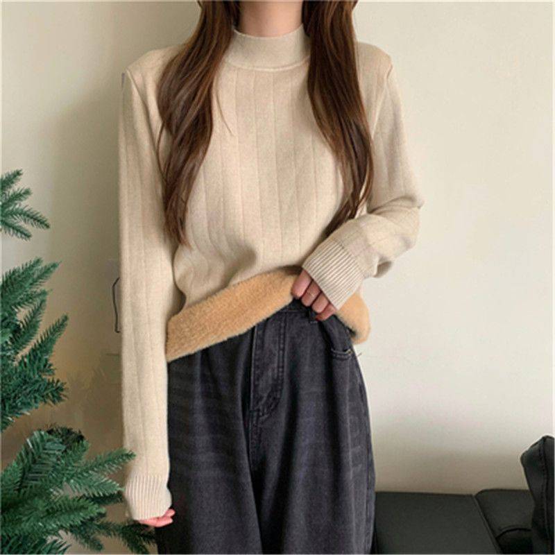 Knitwear Women&#39;s Fleece Half Turtleneck Long Sleeve Bottoming Shirt Autumn Winter Thicken Solid Tight Sweater Y2k Drop Shipping