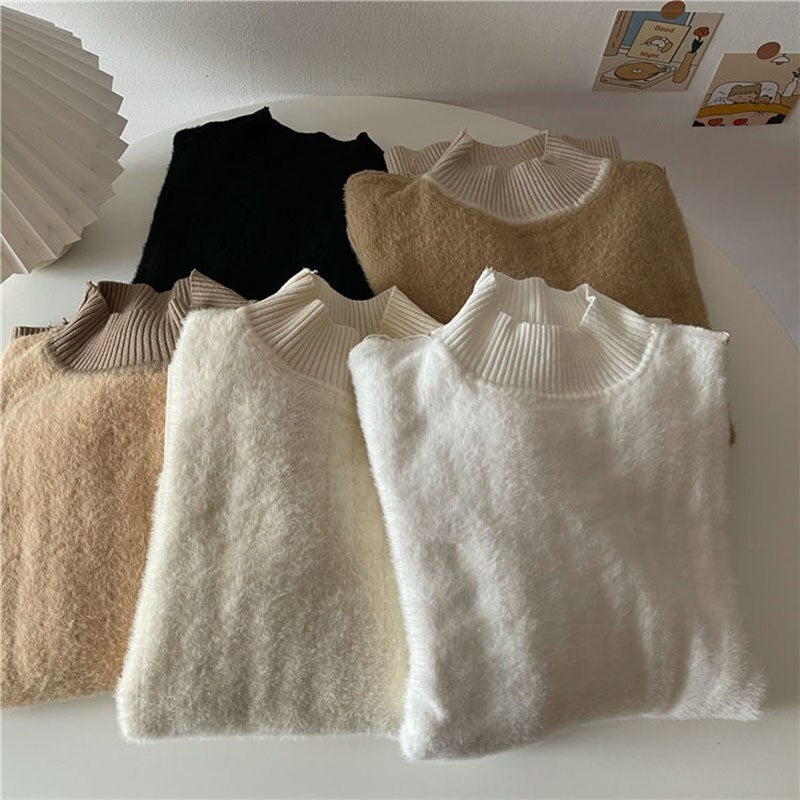 Knitwear Women&#39;s Fleece Half Turtleneck Long Sleeve Bottoming Shirt Autumn Winter Thicken Solid Tight Sweater Y2k Drop Shipping